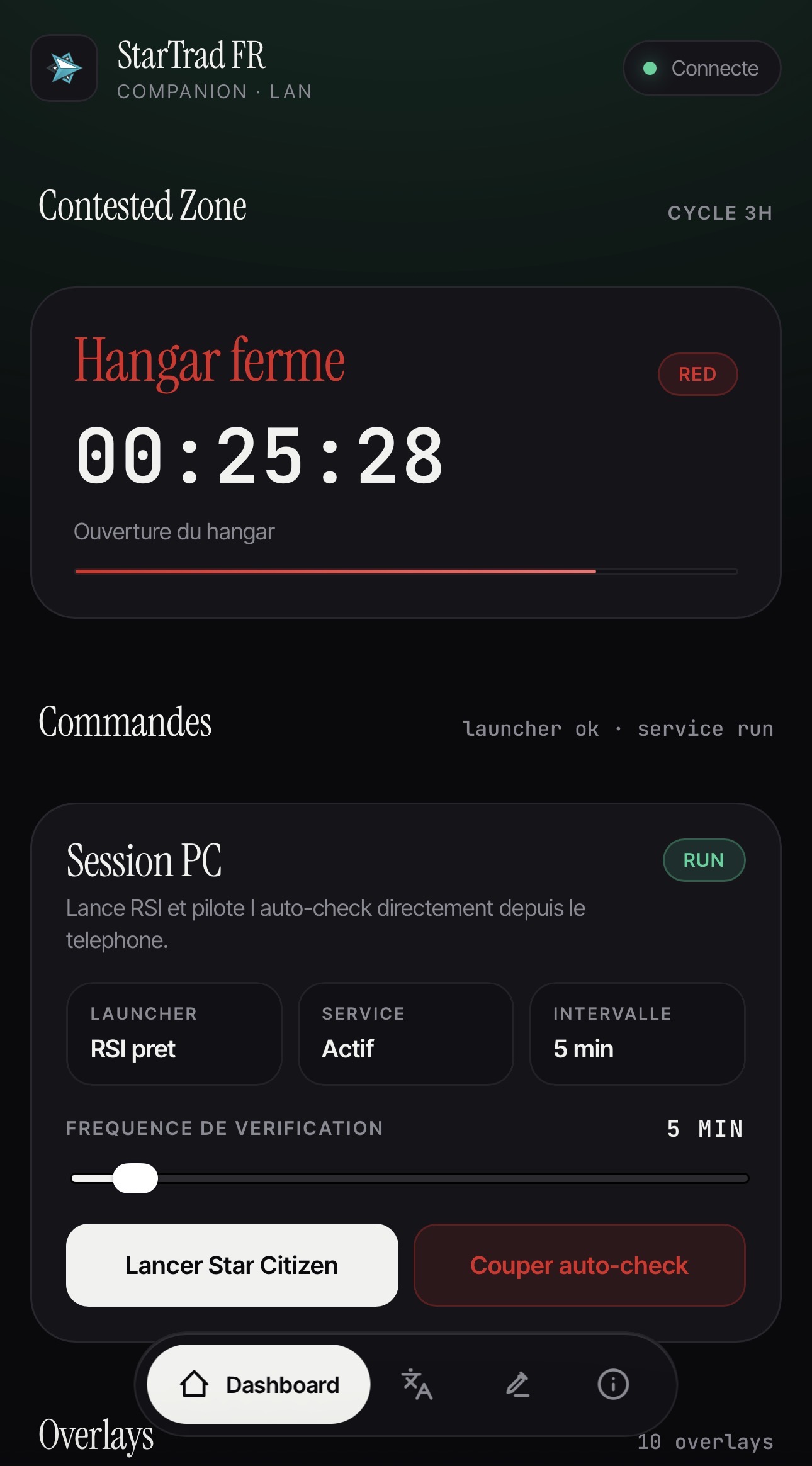 Dashboard mobile et tablette du compagnon local StarTrad